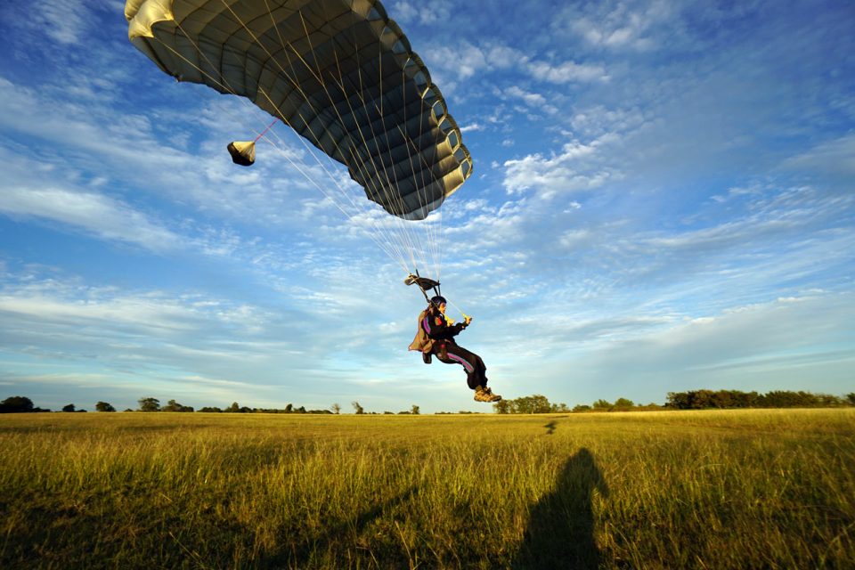 An AFF skydiving student landing in a field at Texas Skydiving near College Station and Austin, TX