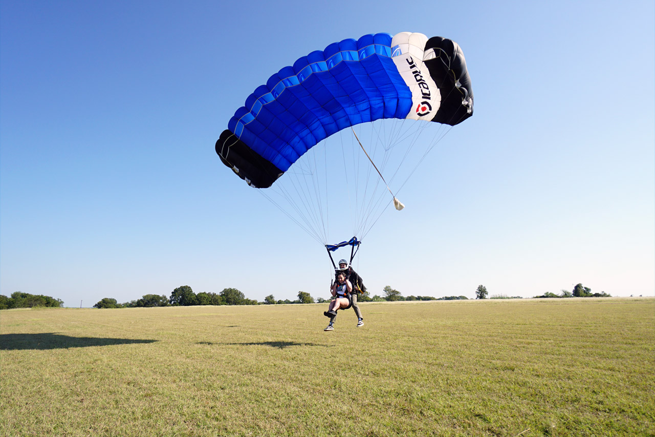 Student and instructor coming in to land after a tandem skydive in Texas