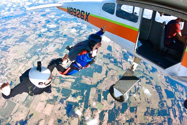 Student participating in an AFF training skydive at Texas Skydiving near Austin and College Station, TX
