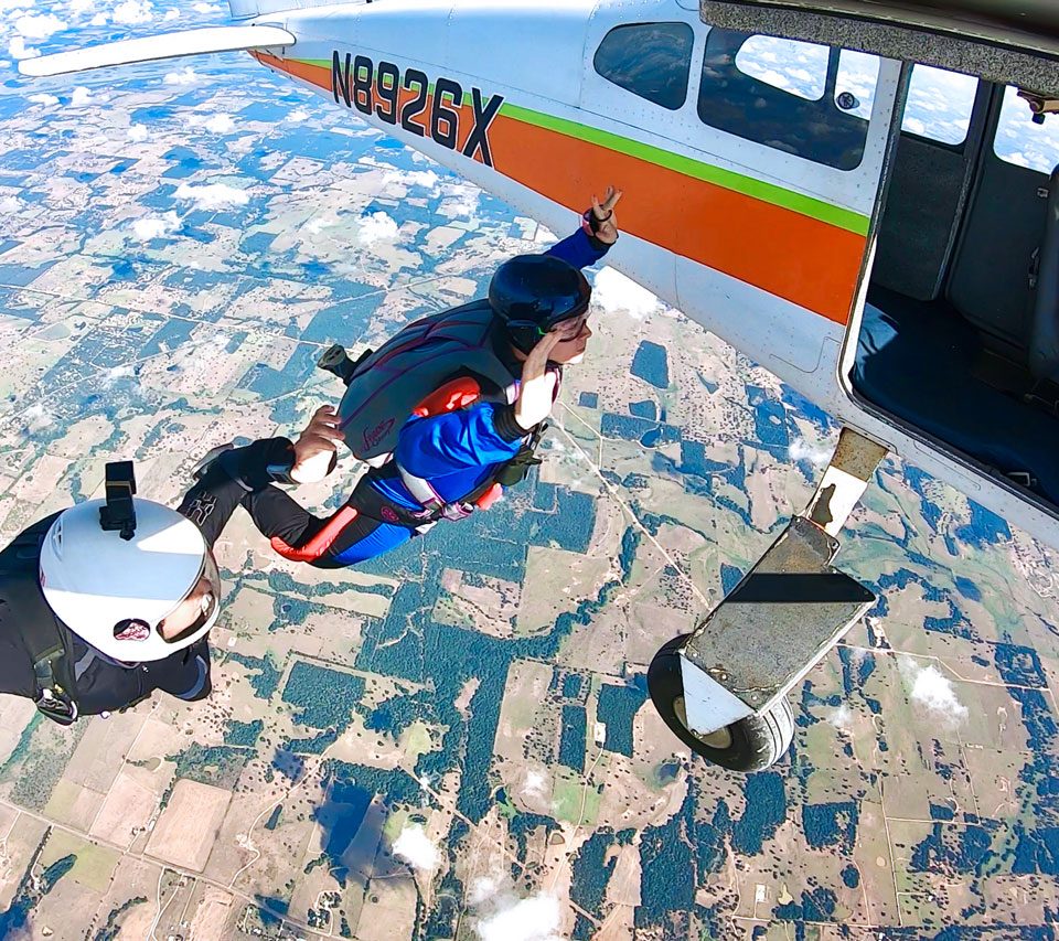 Student participating in an AFF training skydive at Texas Skydiving near Austin and College Station, TX