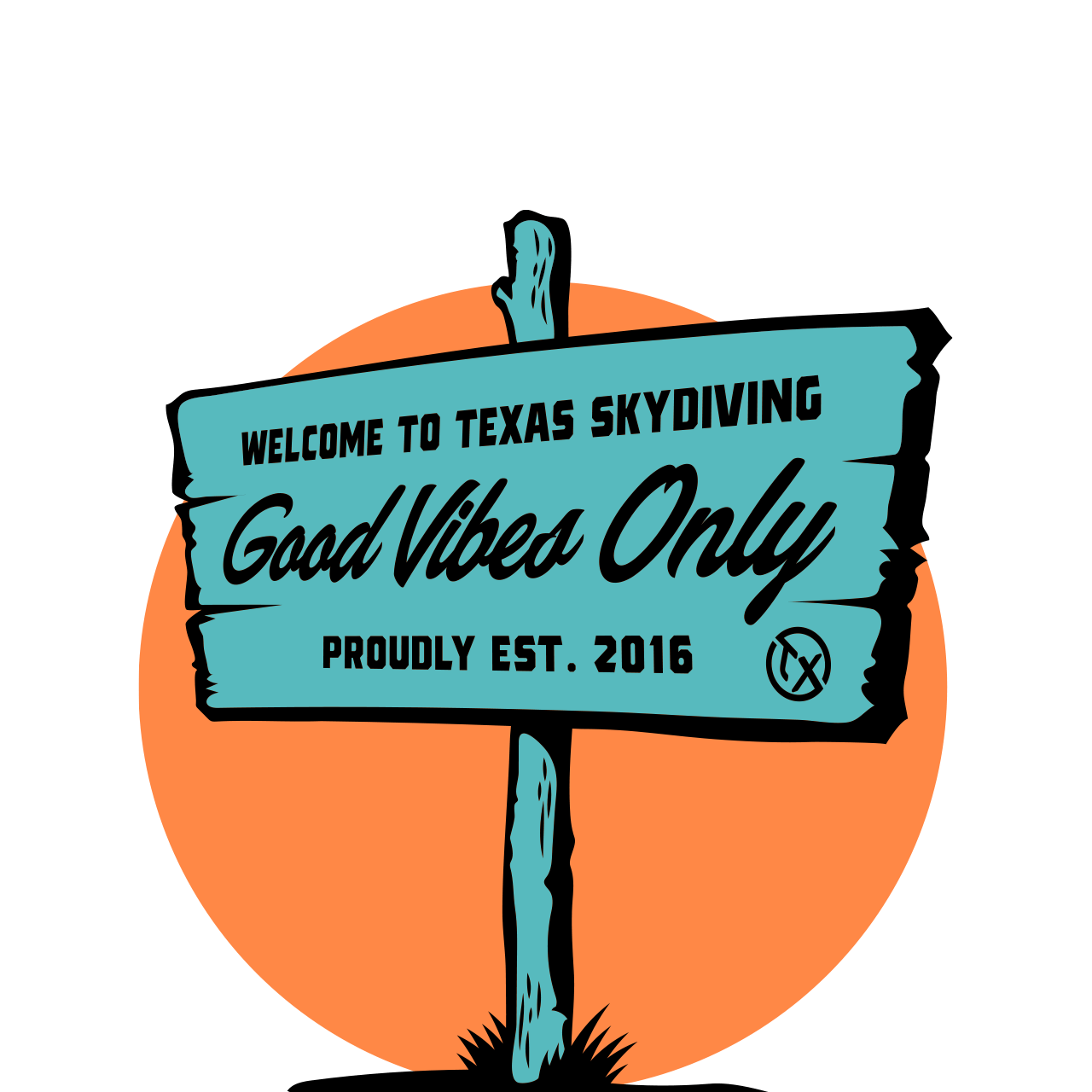 Colorful graphic of a sign welcoming guest to Texas Skydiving near Austin, TX