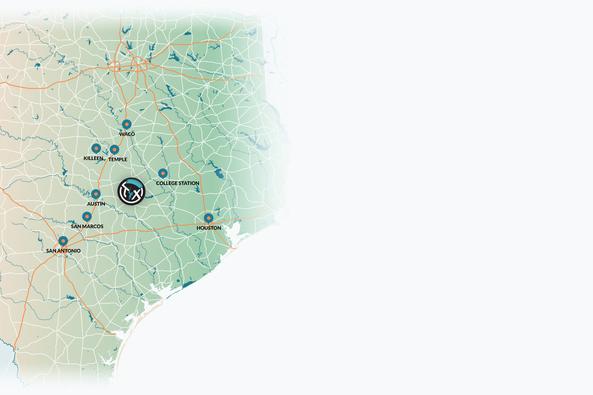 Map of Central Texas showing the location of Texas Skydiving in relation to surrounding cities including Austin, College Station, San Antonio, Houston, Temple, Waco, San Marcos, and Killeen